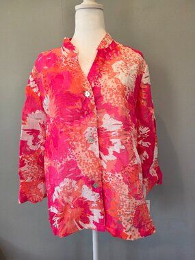 NWT Ruby Rd Linen-Feel Floral Burnout Blouse. XL Pink Orange Floral Travel Boho